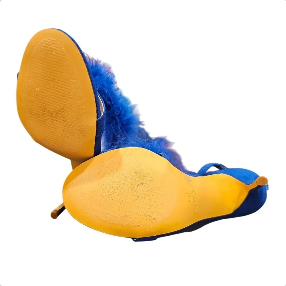Blue Feather High Heel Slingback Open Toe Sandals